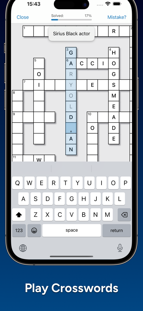 CrossCraft: Crossword Tests - Interfaz móvil de CrossCraft jugando un crucigrama temático de Harry Potter