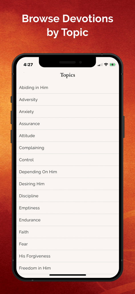 Jesus Calling app screen showing a list of devotional topics to browse like anxiety and faith