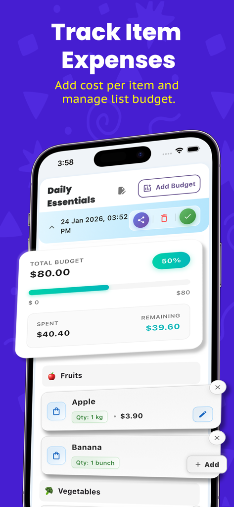 ListExpenser: Expense Tracker - ListExpenser app interface showing a shopping list with a budget tracker progress bar and itemized costs for groceries like apples and bananas