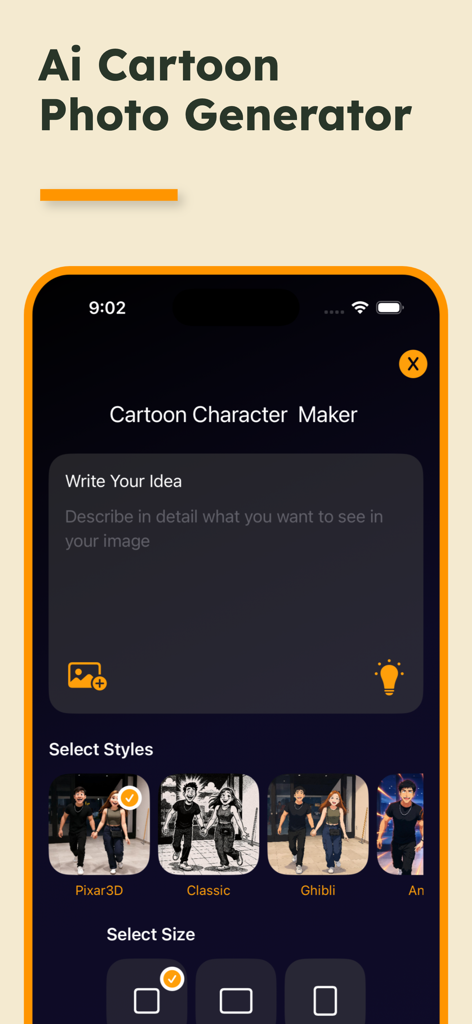 Cartoon Me app interface for generating AI cartoon characters with various art styles like Pixar3D and Ghibli