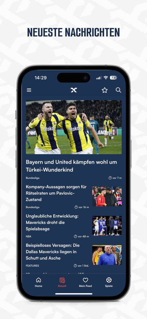 A smartphone screen displaying the latest sports news feed from the SPOX app