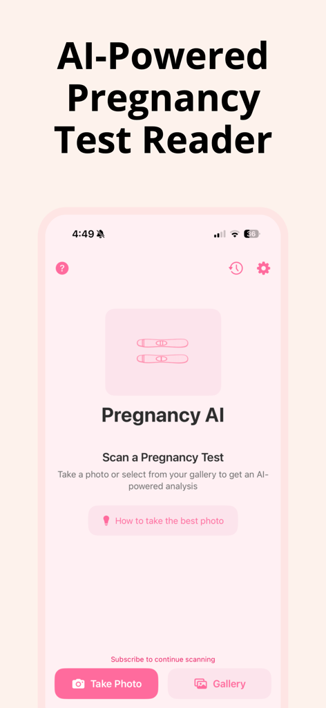 Pregnancy Test Checker: Linify - Pantalla de inicio de la aplicación Comprobador de Pruebas de Embarazo Linify mostrando la interfaz del lector de pruebas impulsada por IA con opciones para tomar una foto o cargar desde la galería