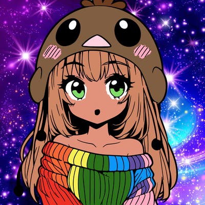 anime girl with chick shaped hat with sweater with bare shoulders with bangs covering them one eye with low tail