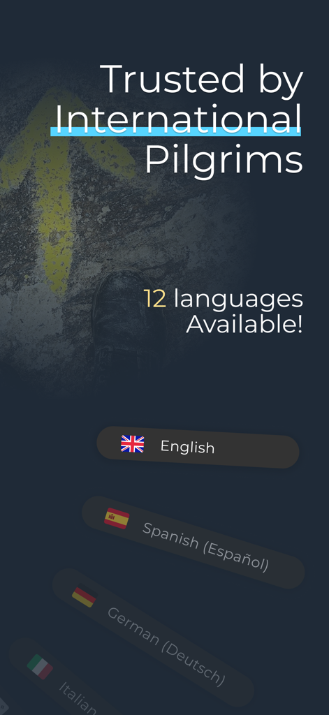 Camino Ninja App - Camino Ninja App interface showing multiple language options for international pilgrims including English Spanish and German