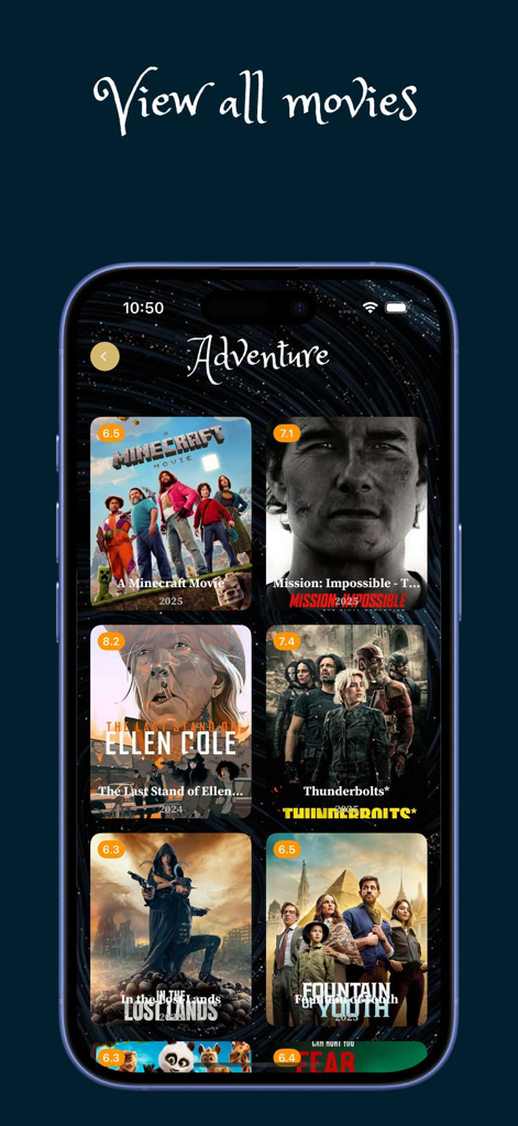 GameBox:Screw Cine Buzz - Adventure movie genre interface in GameBox app displaying a grid of movie posters with user ratings