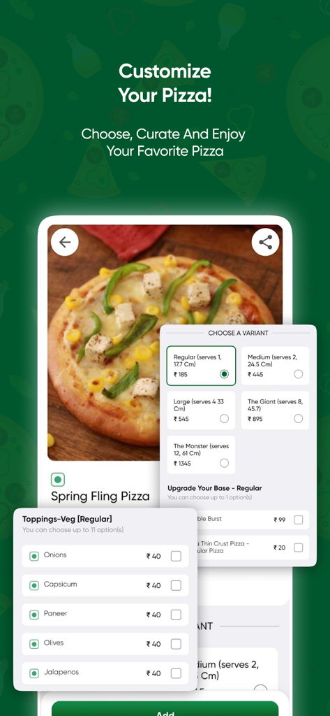 La Pino'z - Order Pizza Online - Écran de l'application mobile montrant les options de personnalisation de pizza pour la taille et les garnitures