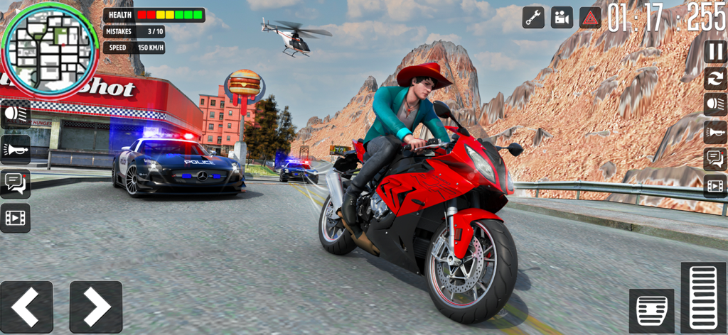 Xtreme Motorbikes Driving Game - Rider on a red sports bike in an open world environment with police cars and mountain scenery