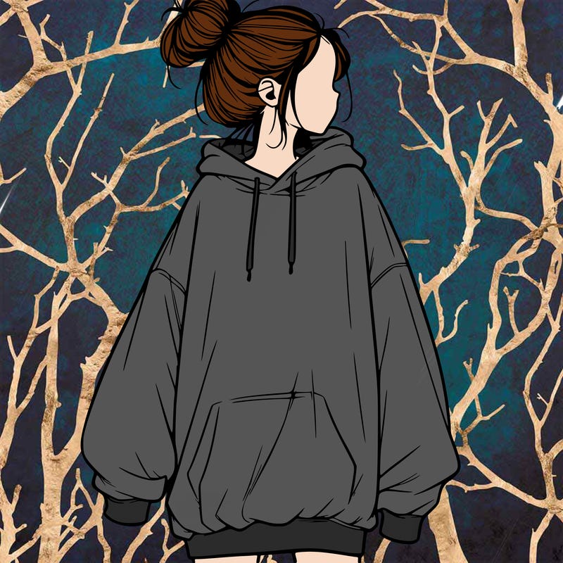 realistic girl with a oversized sweatshirt on and a bun