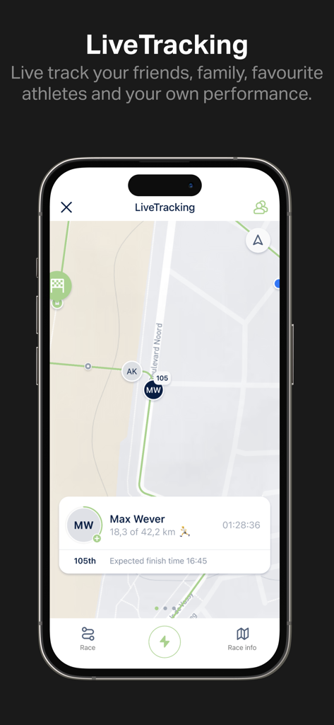 ChronoRace - ChronoRace app live tracking screen showing runner progress on a map