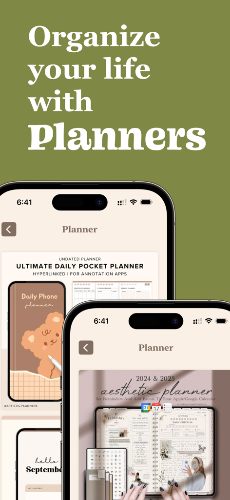 Two iPhones displaying aesthetic digital planner templates for daily organization