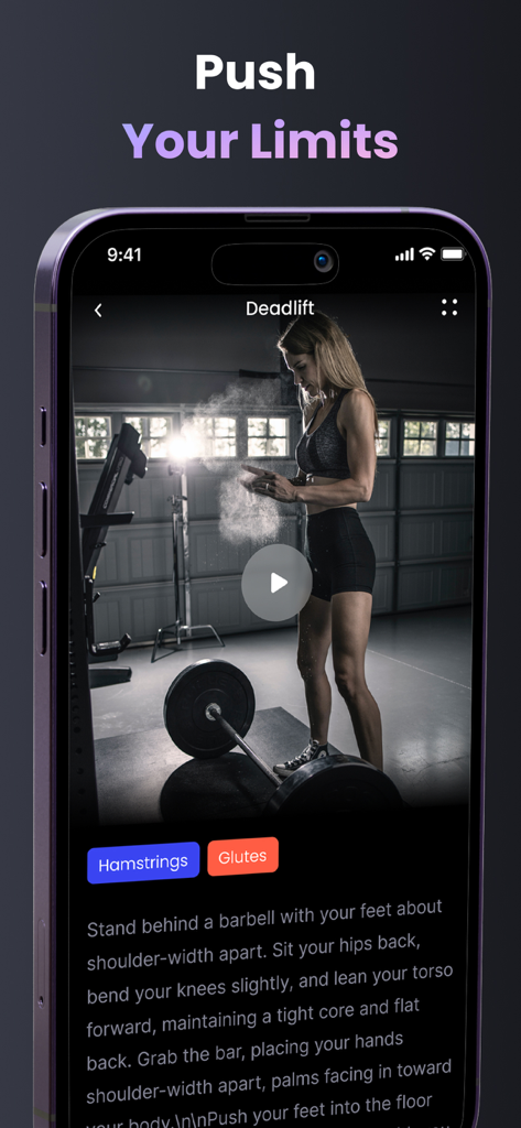 Fitonist workout planner app screen displaying a deadlift exercise with detailed instructions and video demo.
