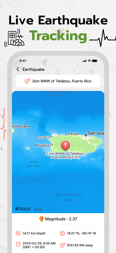 Track Earthquake: Map & Alerts - Mapa de seguimiento de terremotos en vivo que muestra datos de magnitud y ubicación