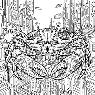 Step into a neon-drenched future with this unique cyberpunk blue crab coloring page, blending nature's wonder with advanced technology. Discover a world of intricate details, from robotic claws to a bustling, high-tech cityscape awaiting your creative touch.