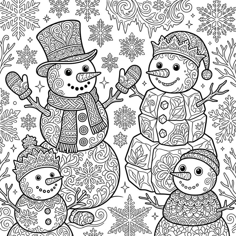 Unleash your creativity with this delightful coloring page featuring beautifully intricate snowman sculptures. Perfect for bringing festive cheer and artistic expression to your winter days.