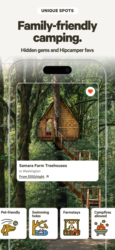Hipcamp app interface featuring a unique treehouse stay for family friendly camping.
