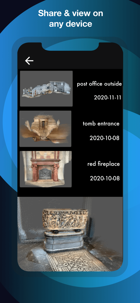 SiteScape app interface showing a library of captured 3D scans for easy sharing and viewing