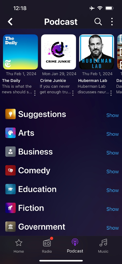 Audials Play - Radio & Podcast - Podcast discovery interface in Audials Play showing popular shows like The Daily and Huberman Lab alongside topical categories