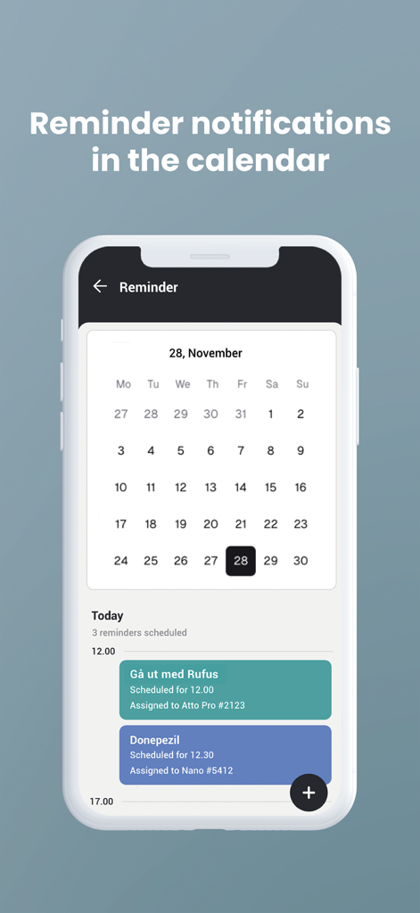 MiniFinder Live - GPS Tracking - Calendar view in MiniFinder Live app showing scheduled reminders for medication and pet activities.