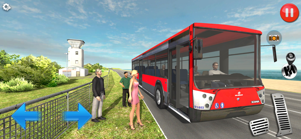 Bus Simulator - City Driving - A red city bus picking up passengers at a roadside stop in a 3D simulation game.