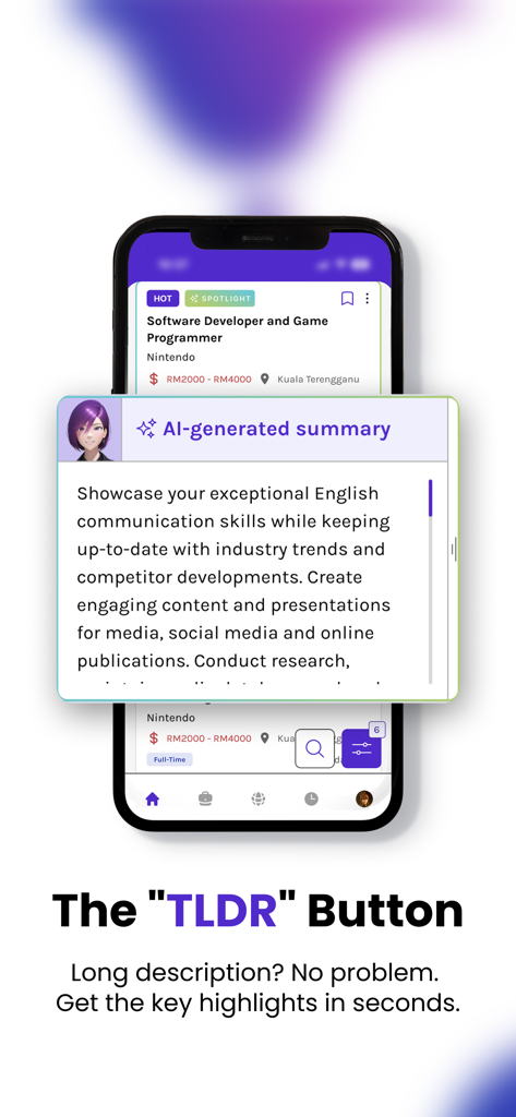Hiredly | Malaysian Job Search - Hiredly app screen showcasing the AI-generated job summary feature for quick reading
