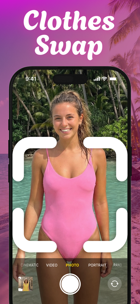 AI Clothes Changer - CLOZO - A smartphone screen displaying the CLOZO app interface with a woman in a pink swimsuit and the text Clothes Swap.