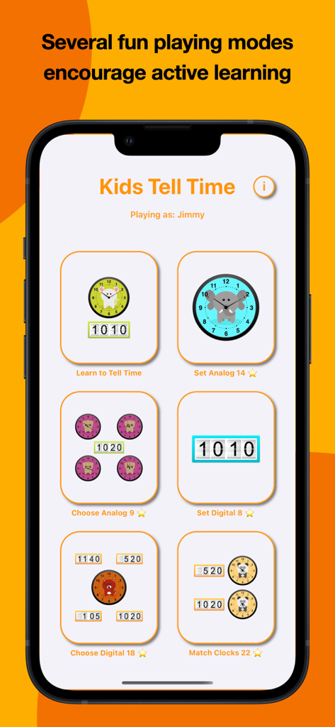 Kids Tell Time! - Kids Tell Time app main menu showing six different clock learning modes for children