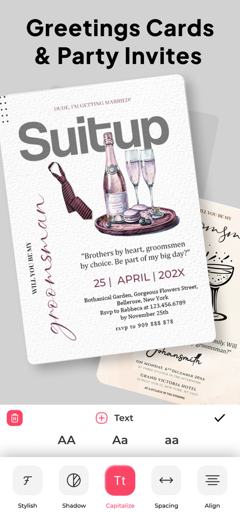 Invitation Card Maker . RSVP - Mobile app interface showing a groomsman invitation card with text editing tools for styling and layout