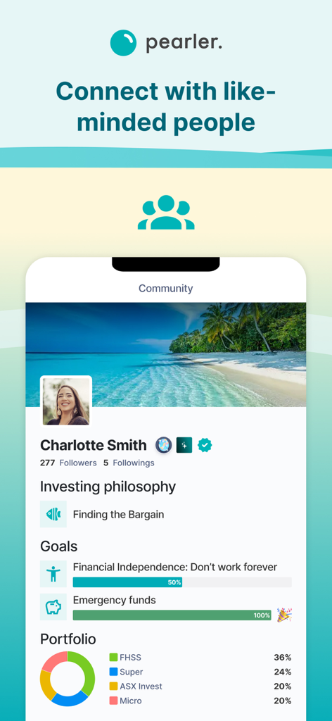 Pantalla de comunidad de la aplicación Pearler que muestra el perfil de un usuario con objetivos de independencia financiera y desglose de la cartera.
