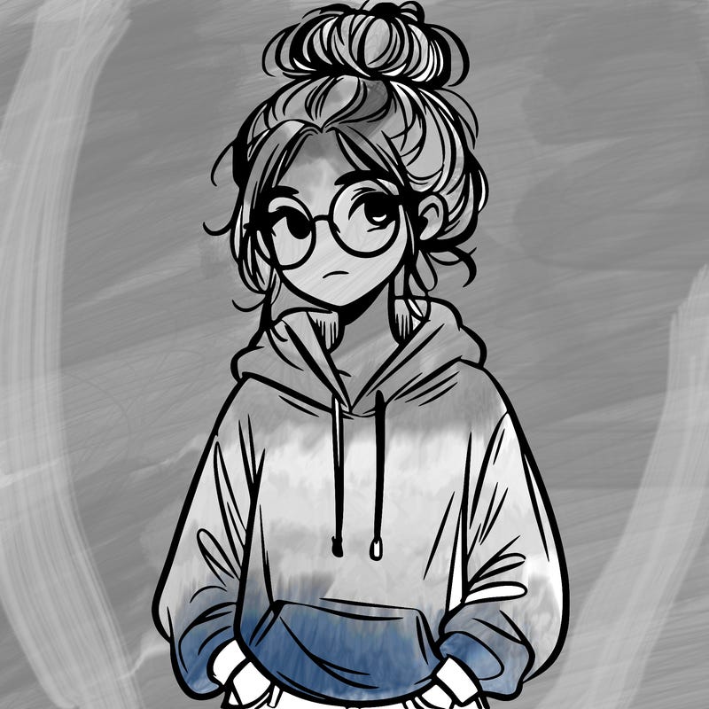 teen girl with a messy bun and glasses wearing a loose hoodie and jeans