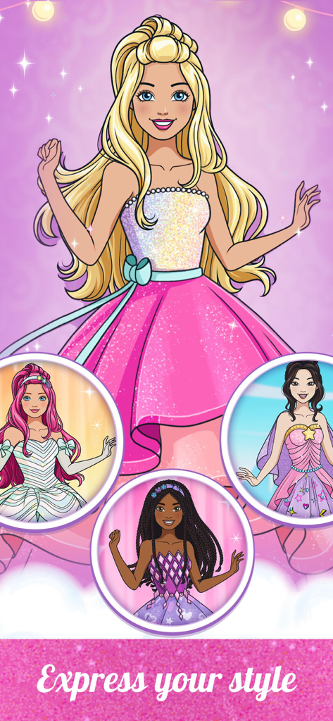 Barbie Magical Fashion - Barbie in un vestito rosa con altri tre personaggi che mostrano diversi stili di moda magica