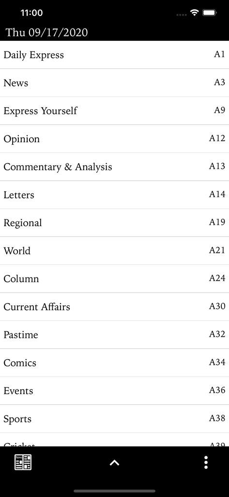 Trinidad Express Newspapers - A list of news sections and page numbers within the Trinidad Express app