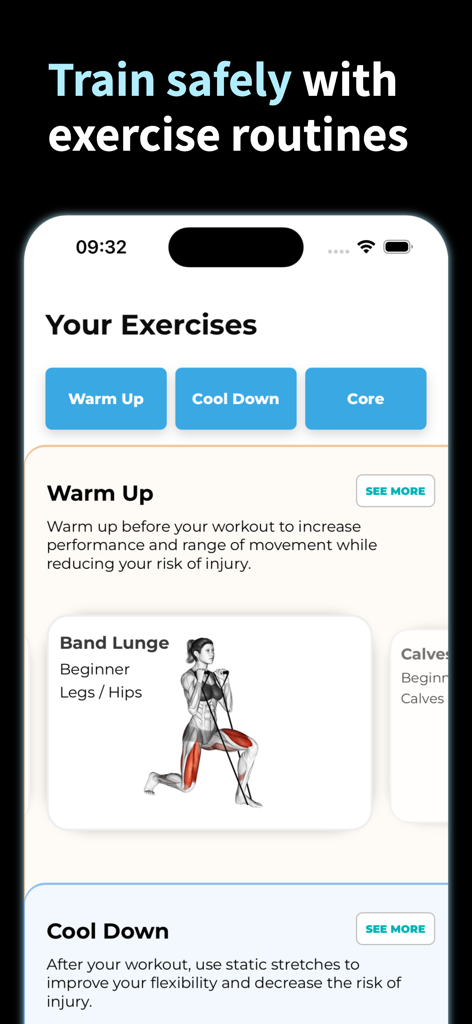 Rowing Machine Workouts - Mobile app interface showing exercise routines for warm up and cool down including a band lunge demonstration