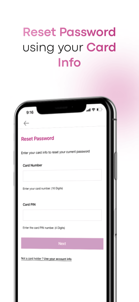 Bank of Palestine - Pantalla móvil de la aplicación Bank of Palestine que muestra cómo restablecer una contraseña utilizando los datos de la tarjeta de débito, incluyendo el número de tarjeta y el PIN.