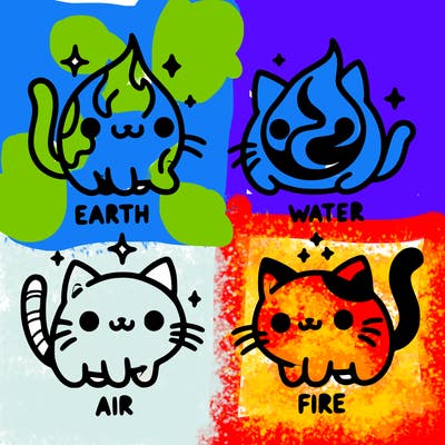 4 cats that represent the different elements, earth, water, air, and fire