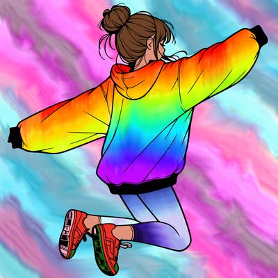realistic girl jumping with a bun and oversized sweatshirt