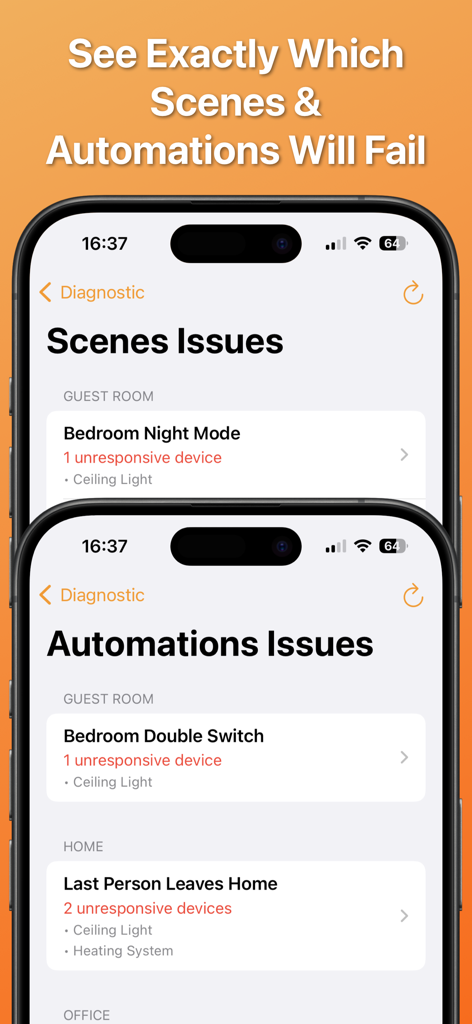 Diagnostic dashboard showing failing HomeKit scenes and automations with unresponsive devices
