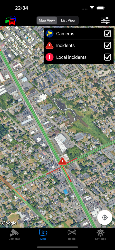 Satellite map view in the Oregon Road and Traffic Cams app displaying real-time incidents