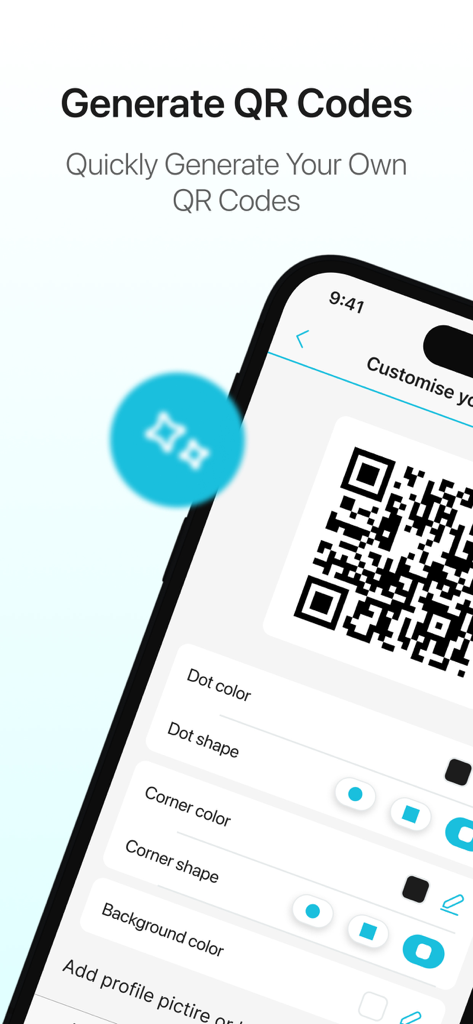 Smart QR Scanner & Maker - A mobile app interface for generating and customizing the design of QR codes with different colors and shapes.