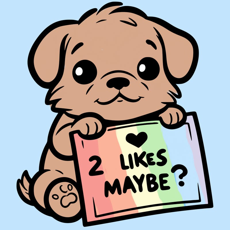 a puppy holding a sign that says 2 likes maybe?