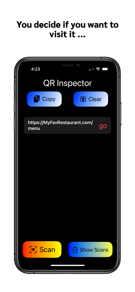 A mobile screen showing the QR Code Inspector app previewing a scanned restaurant menu URL before visiting.