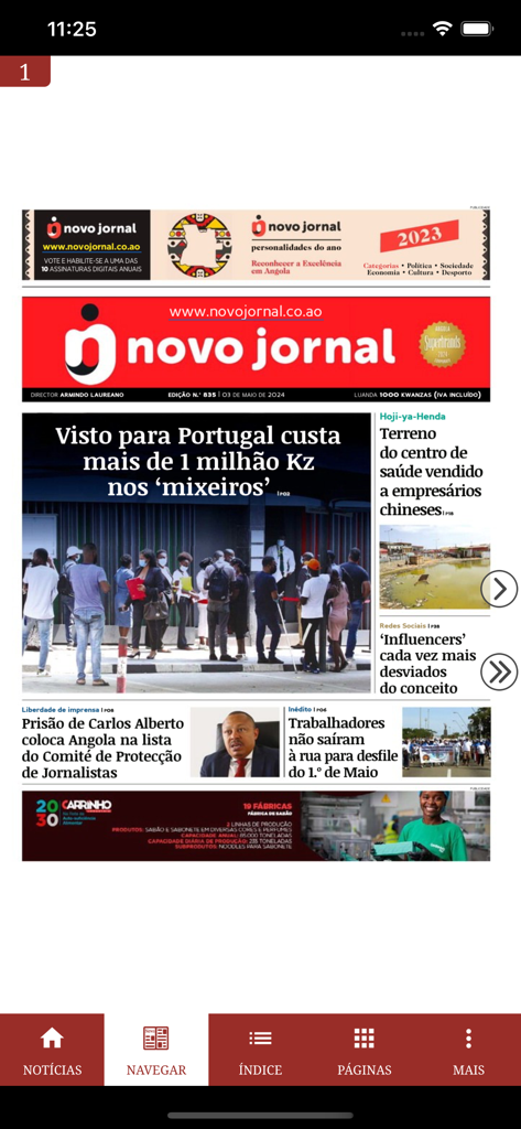 Portada digital del periódico Novo Jornal dentro de la interfaz de la aplicación móvil QUIOSQUE NOVA VAGA