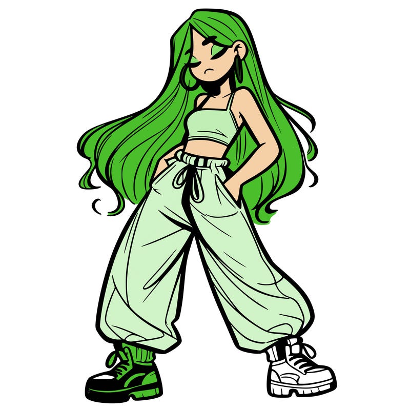 girl in baggy pants crop top and long hair