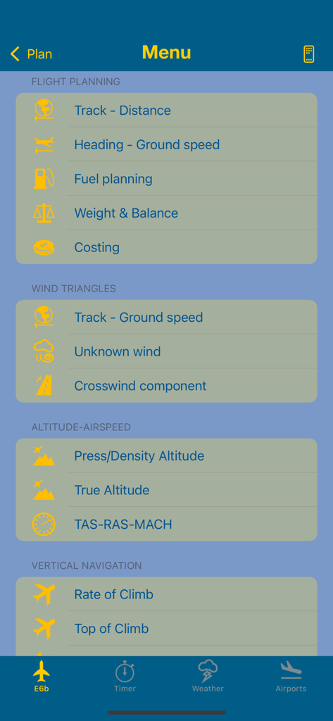 E6b Pilot - Main menu of the E6b Pilot app displaying categories for flight planning wind triangles and altitude airspeed calculations