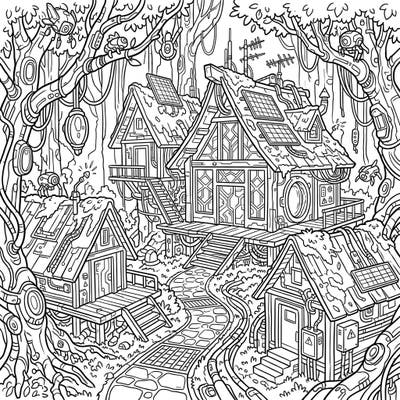 Step into a mesmerizing world where rustic charm meets futuristic tech with this unique Cyberpunk Forest Cottages coloring page. Explore intricate details of dwellings nestled amidst a dense, wired forest, offering a thrilling blend of nature and sci-fi for your artistic touch.