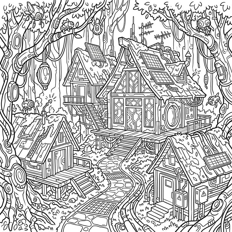 Step into a mesmerizing world where rustic charm meets futuristic tech with this unique Cyberpunk Forest Cottages coloring page. Explore intricate details of dwellings nestled amidst a dense, wired forest, offering a thrilling blend of nature and sci-fi for your artistic touch.