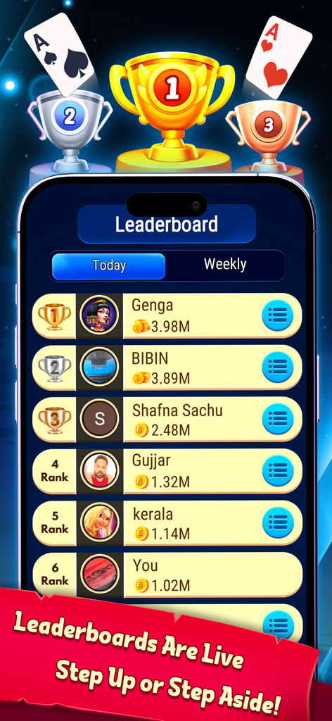 Donkey Multiplayer - Schermata della classifica globale del gioco di carte Donkey Multiplayer che mostra le classifiche dei giocatori e i totali delle monete