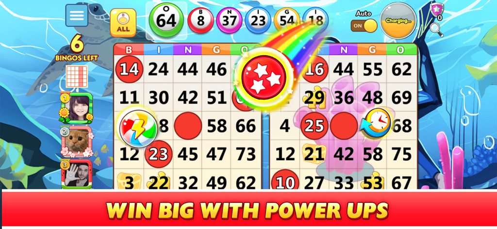 Bingo Win™: Live Bingo Games - Bingo Win game screen showing power ups and underwater themed bingo cards