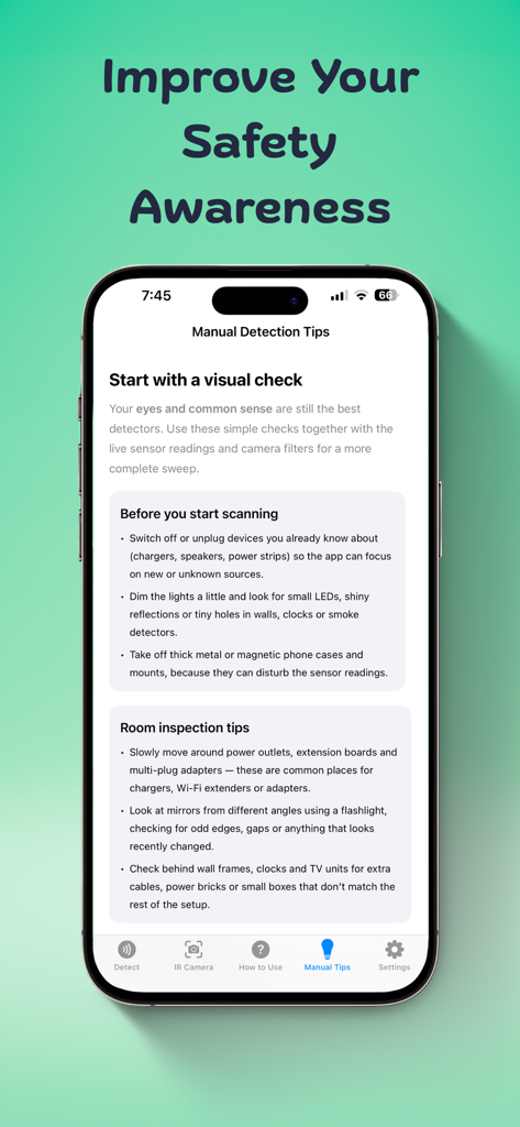 Manual detection tips screen in the Electronic Device Detector app providing advice on visual checks for hidden cameras