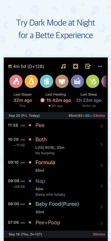 Screenshot of the BabyTime app interface in dark mode showing a timeline of infant daily activities including feeding, sleep, and diaper logs.