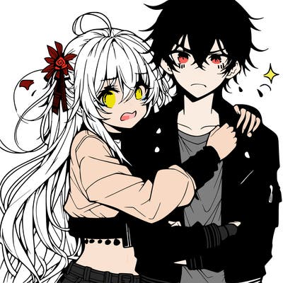 anime girl with long messy hair wearing a cropped jacket hugging an anime guy wearing a leather jacket and looking embarrassed
